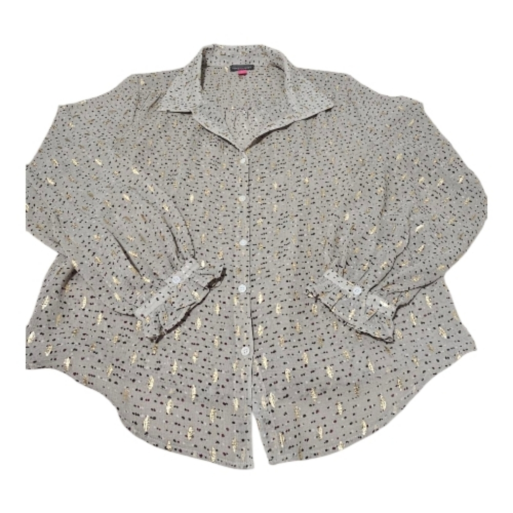 Vince Camuto Beige Button Blouse with Gold Metallic Dots Print Long Sleeve - Picture 3 of 10